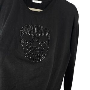 Brit NY Sequined Sugar Skull T-shirt Top Women size Large Black Long Sleeve